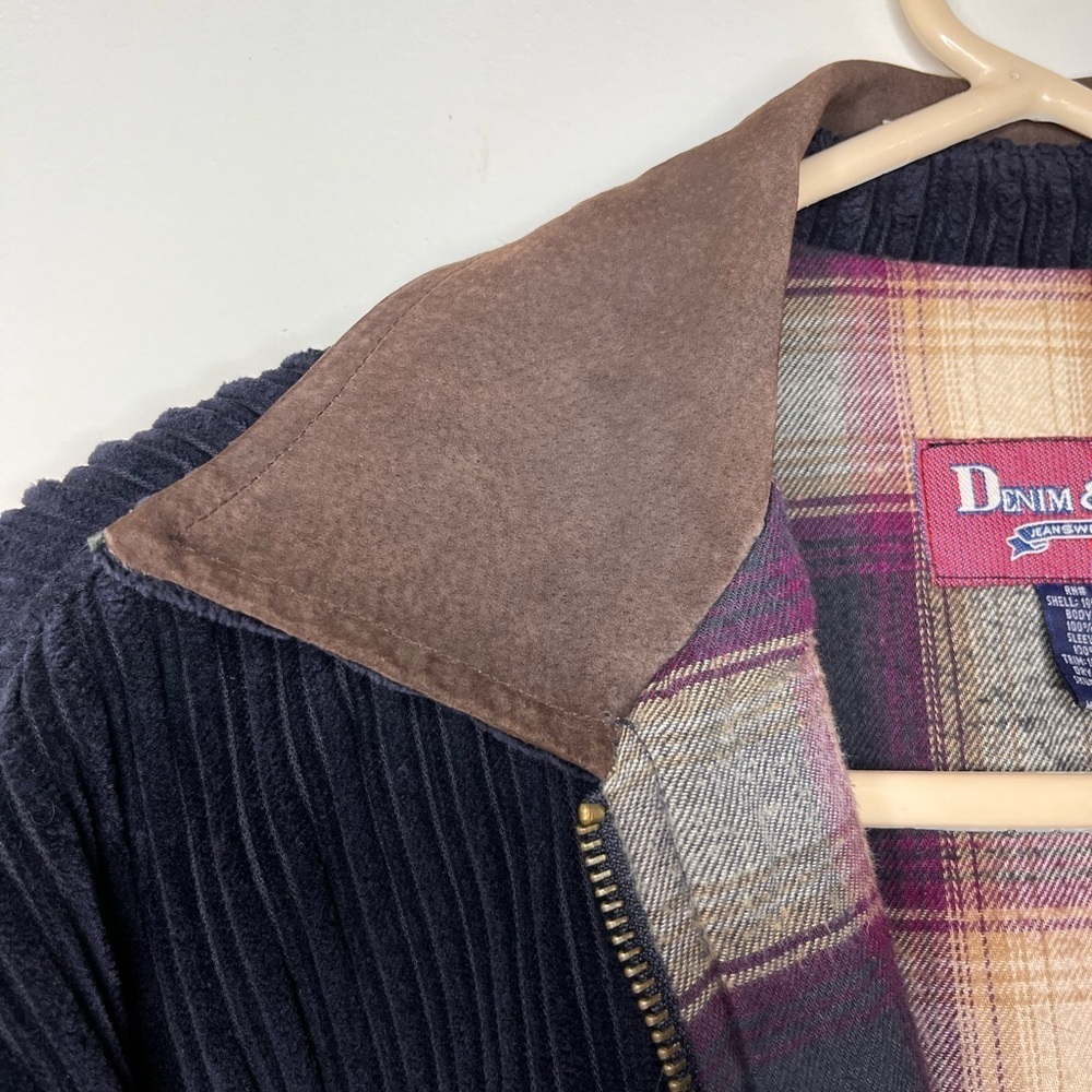 Denim & Co Vintage Corduroy Barn Coat Chore Jacket Navy Plaid Suede Collar Sz M - Picture 12 of 12